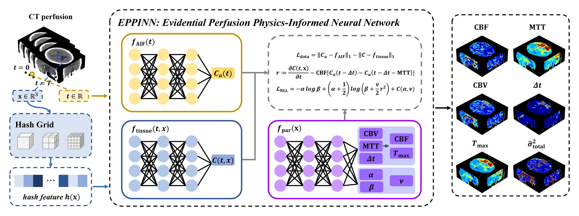 EPPINN: hash-grid encoded networks model the arterial input function, tissue concentration and perfusion parameters with evidential uncertainty, trained with data, physics-residual and evidential losses.